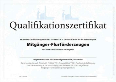 Qualifikationszertifikat für Mitgänger-Flurförderzeugführer