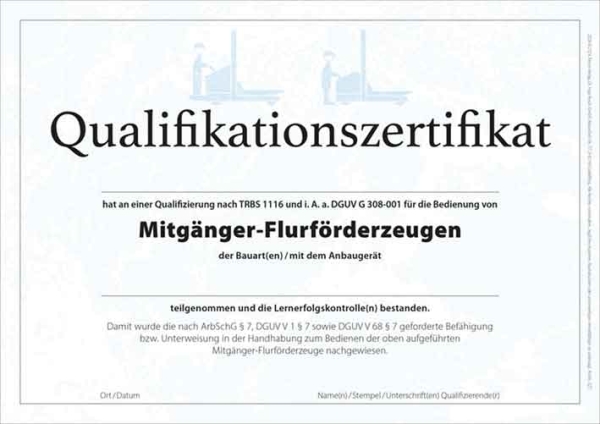 Qualifikationszertifikat für Mitgänger-Flurförderzeugführer